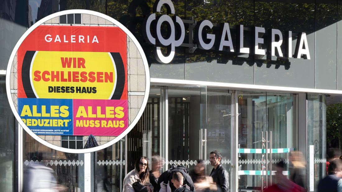 Il logo Galeria sulla parte anteriore della vetrina della Hauptwache di Francoforte. Il gruppo di grandi magazzini Galeria Karstadt Kaufhof vuole chiudere molte filiali in tutto il paese. In cerchio: un grande striscione è appeso alla facciata della Galeria Kaufhof di Halle. Il negozio dovrebbe chiudere a fine anno.