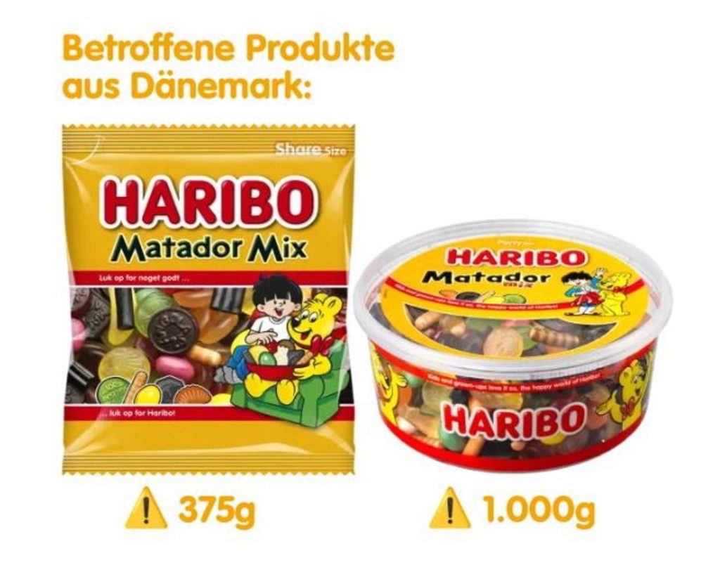 Questi prodotti Haribo sono interessati dal richiamo.  Una scatola da 375 grammi e una scatola da 1000 grammi.