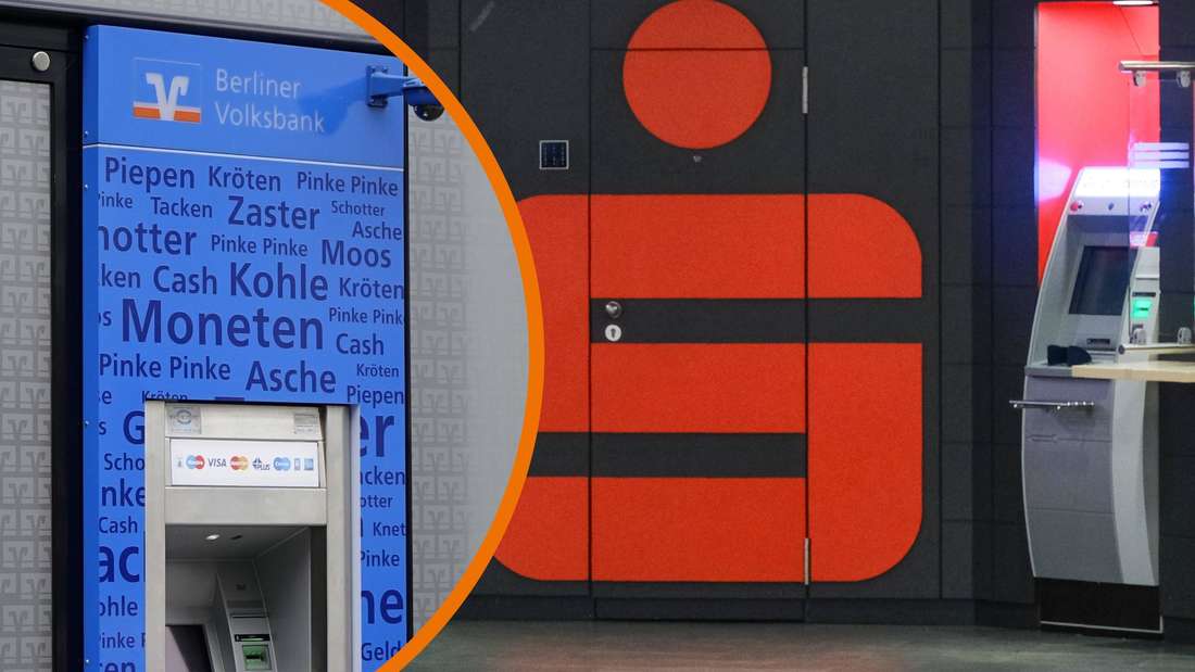 Sportelli bancomat, loghi Sparkasse e Volksbank.